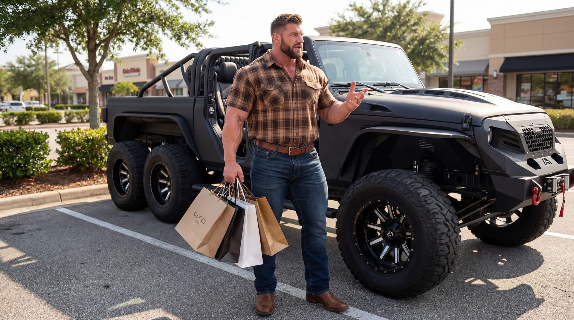 AI generated: The bodybuilder is 6 feet 4 inches tall. He is wearing a brown lumber jack shirt short sleeve, dark ...
