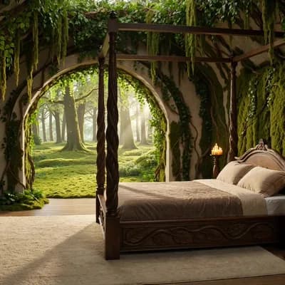 AI generated video: This enchanting bedroom, styled in whimsical, fantasy-inspired design, transports anyone who steps i...