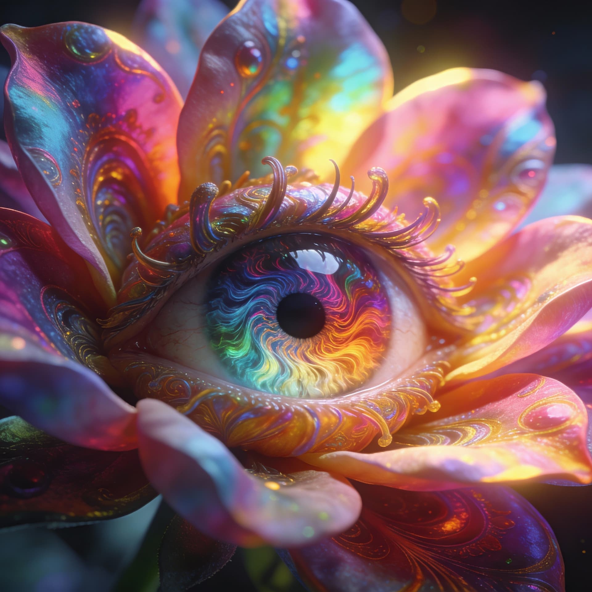 AI generated: A beautiful real looking, colorful flower with an eye. 8k, psychedelic, surreal