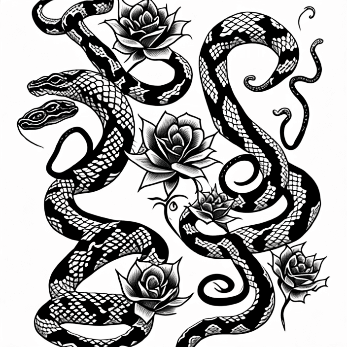 AI generated: snakes with flowers, tattoo sketch, smooth transitions, black patterns