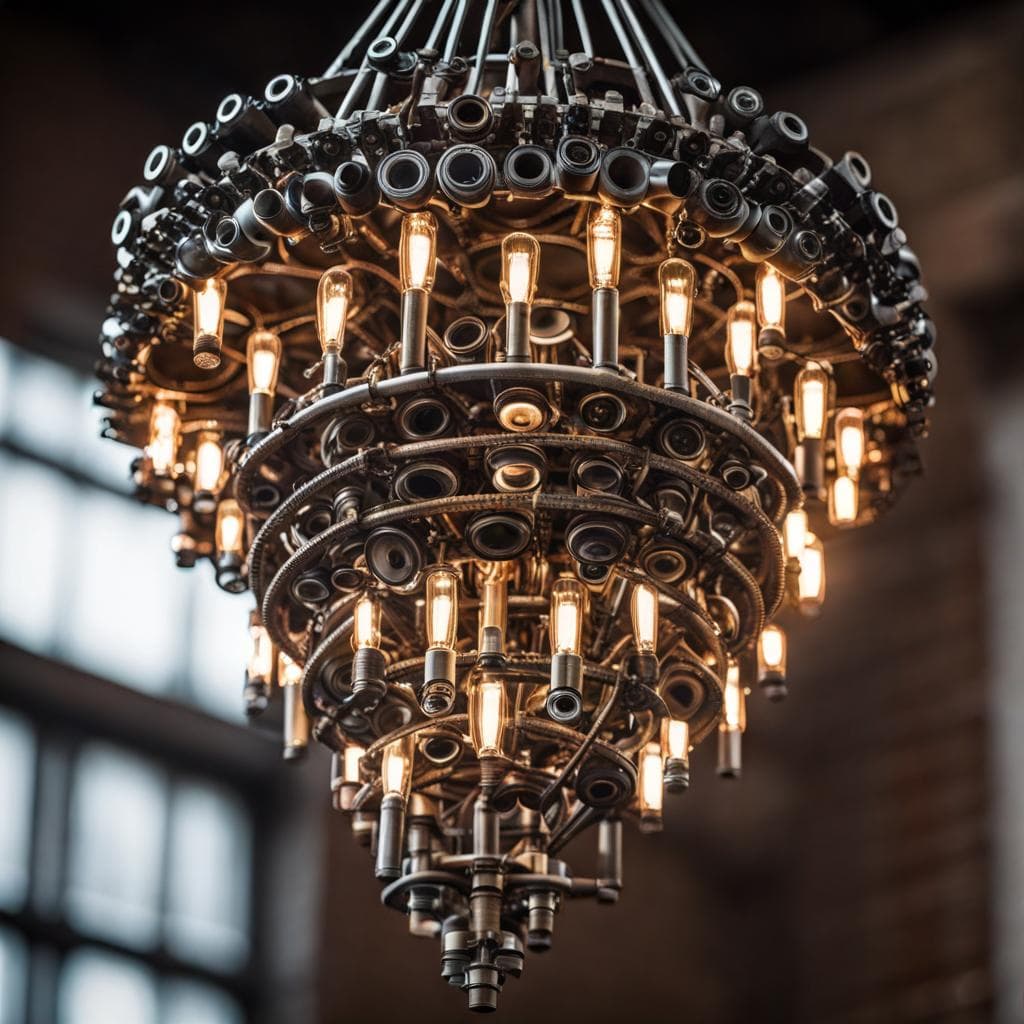 AI generated: an intricate chandelier using repurposed bicycle parts, highlighting it's beauty, highly detailed, 8...