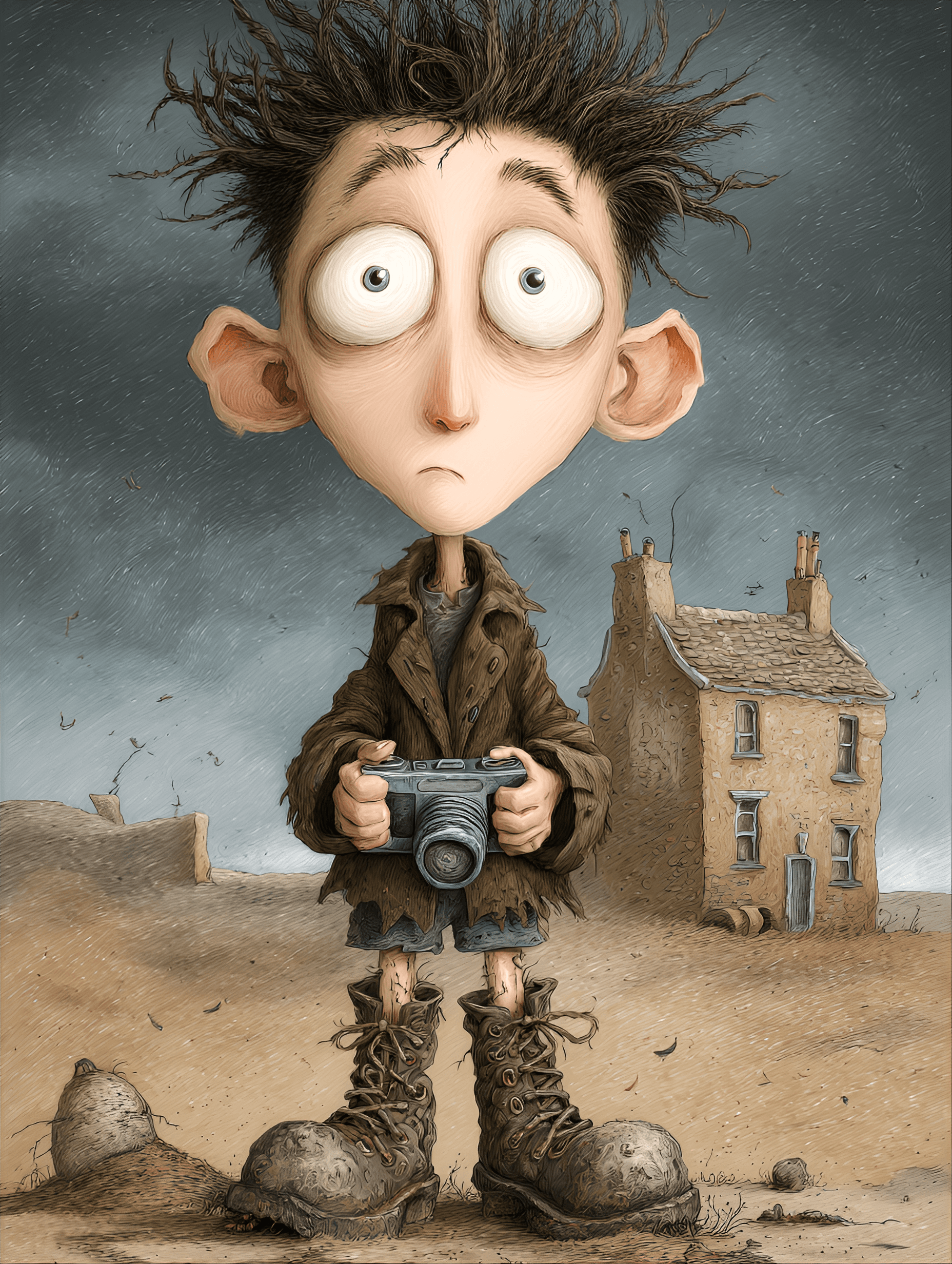 AI generated: funny caricature, haunted young boy caricature, young caucasian male, 10 years old, with wide eyes, ...