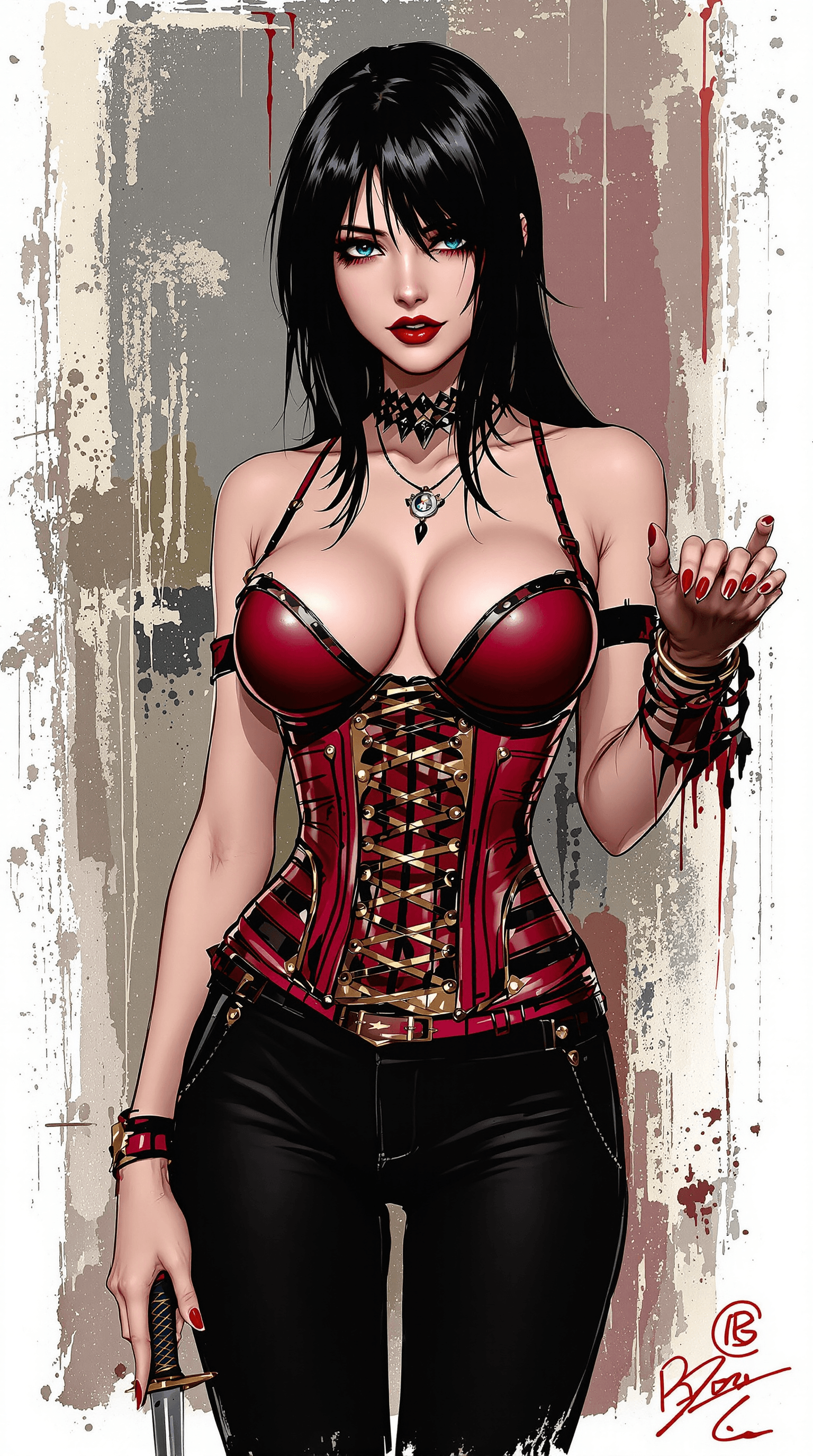 AI generated: Arika Wolfe, 22 years old. Her black hair is down, but pulled back from her face. She is wearing a l...