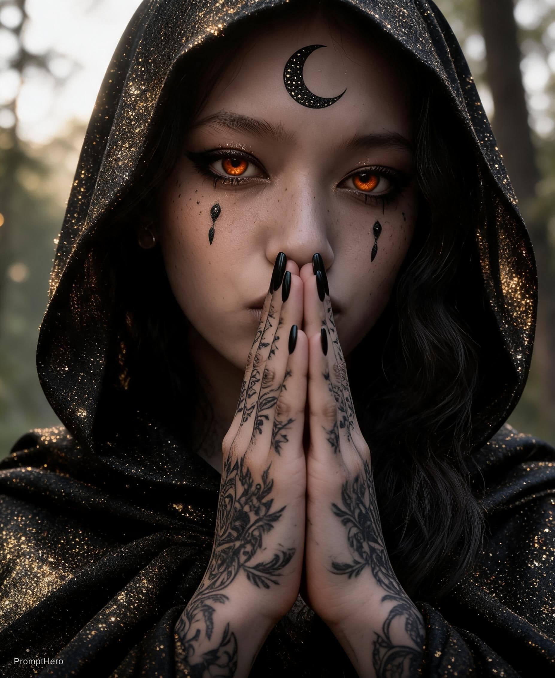 AI generated: "A highly detailed, photorealistic portrait of a mysterious woman with intense glowing amber-orange ...