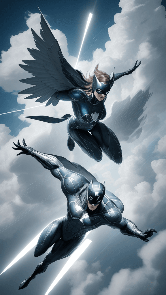 AI generated: Capture a superhero mid-flight, soaring through the clouds with a blend of elegance and power. Bonus...