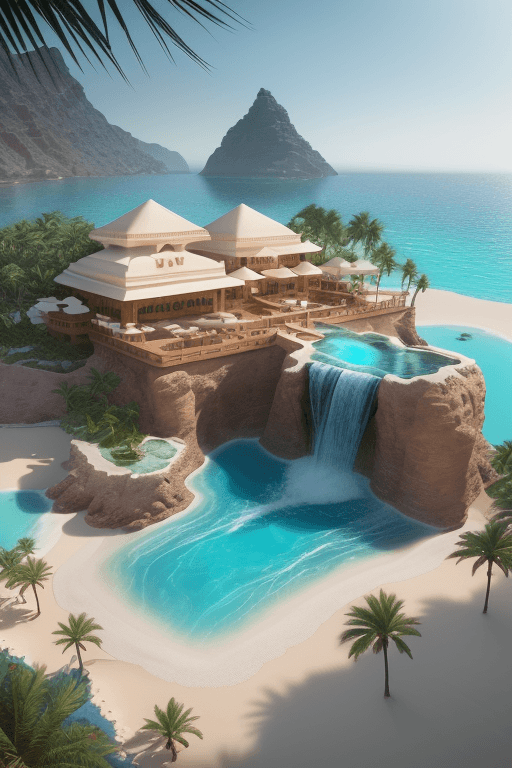 AI generated: Luxuriousness arabian style beach resort hotel, on the coast, white sandy beach, 20 bungalows, resta...
