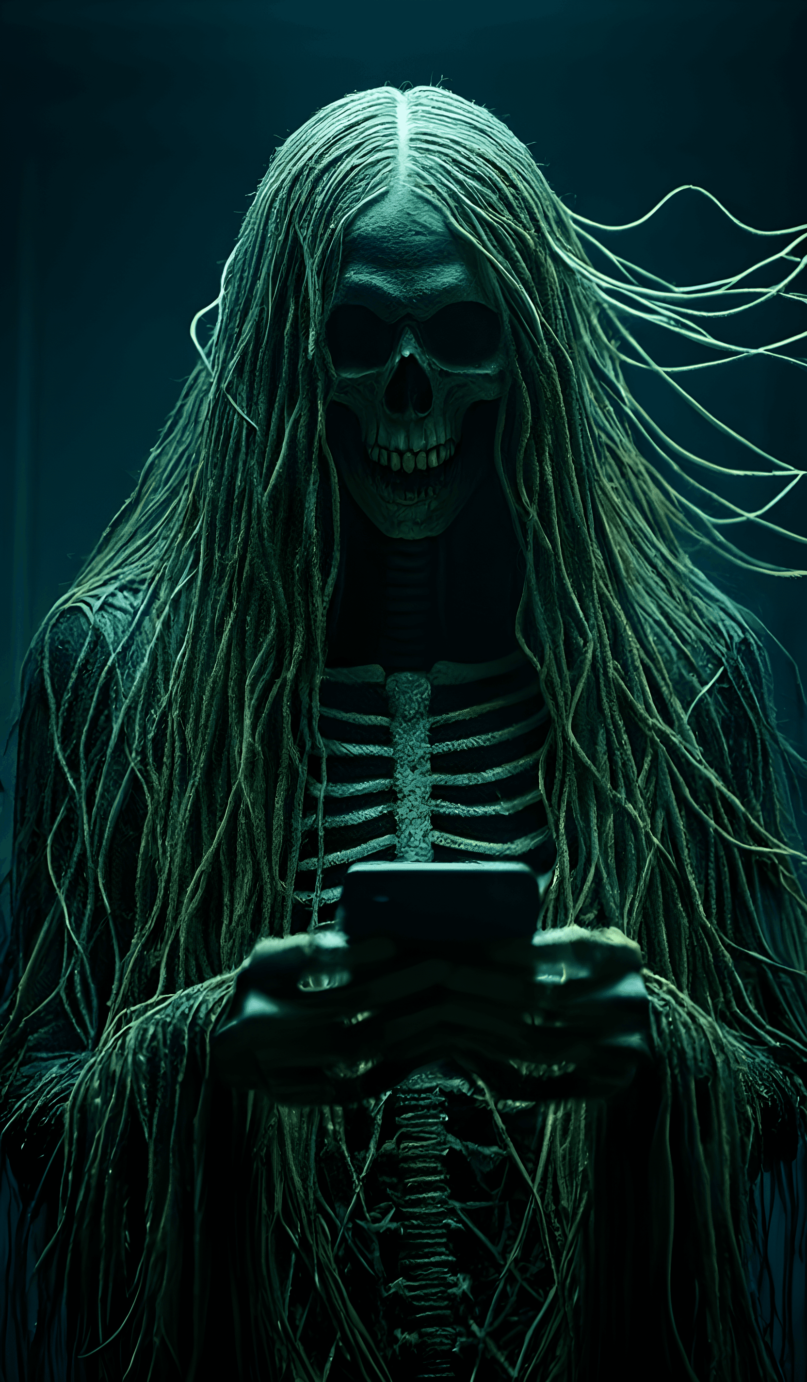 AI generated: Terrifying skeletal figure with long stringy hair , sunken, twisted grin baring sharp teeth, skeleta...