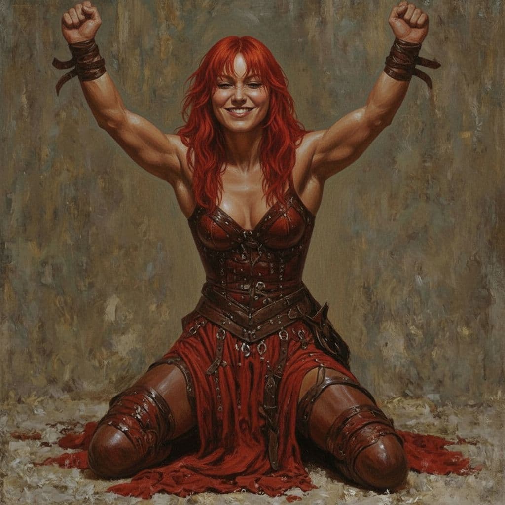 AI generated: red sonya bound and on the floor kneeling in her armor. there is a smirk of defiance on her face as ...