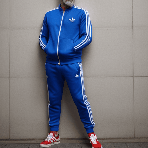 AI generated: Handsome athletic forty-year-old wearing stretch royalblue adidas tracksuit and red trainers. Leanin...