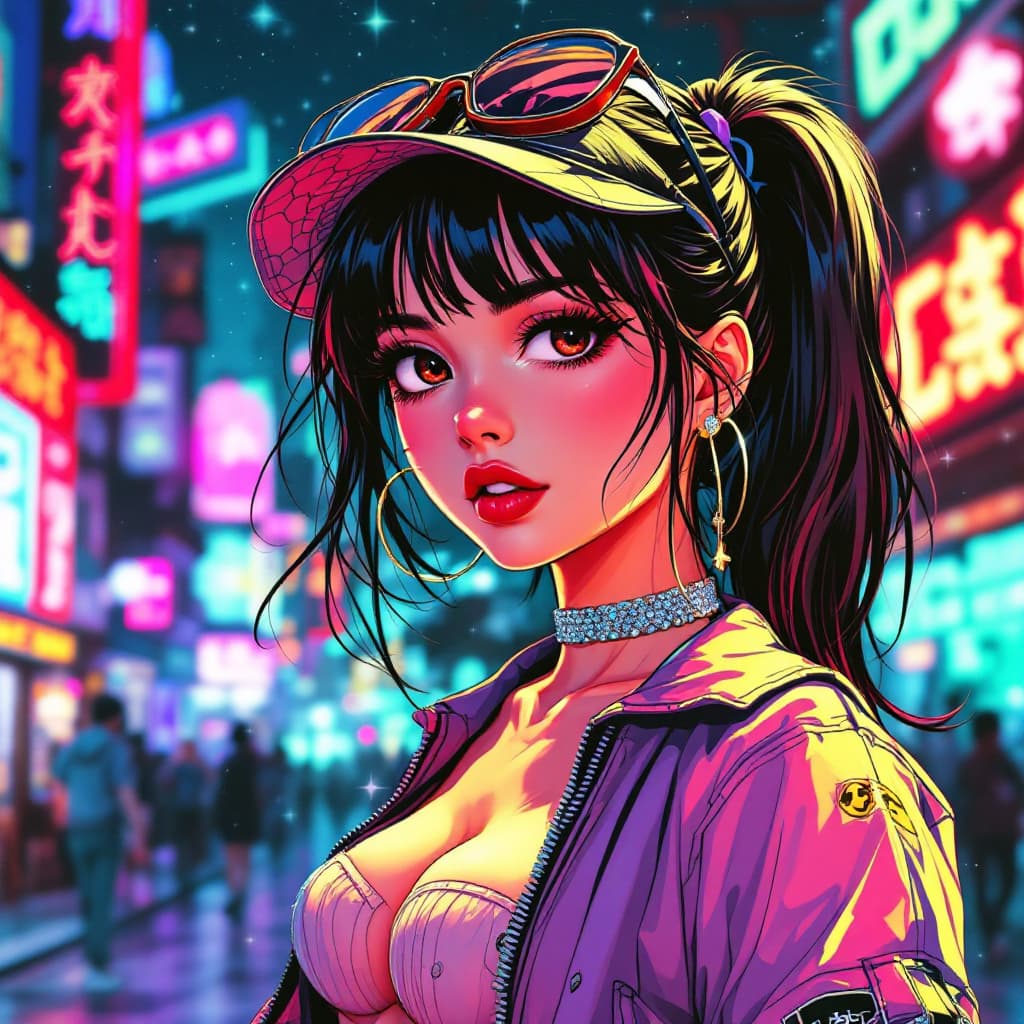 AI generated: anime girl 80s style clothes vaporwave anime drawing