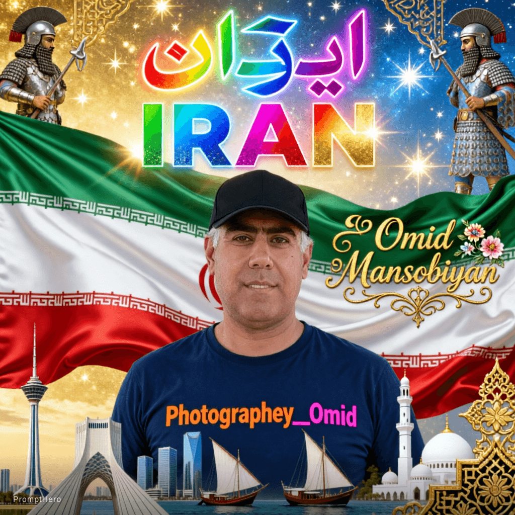 AI generated: یک پوستر هنری پر زرق و برق و سینمایی با موضوع کشور ایران، با جزئیات زیر:

**پس‌زمینه و فضای کلی:**
پ...