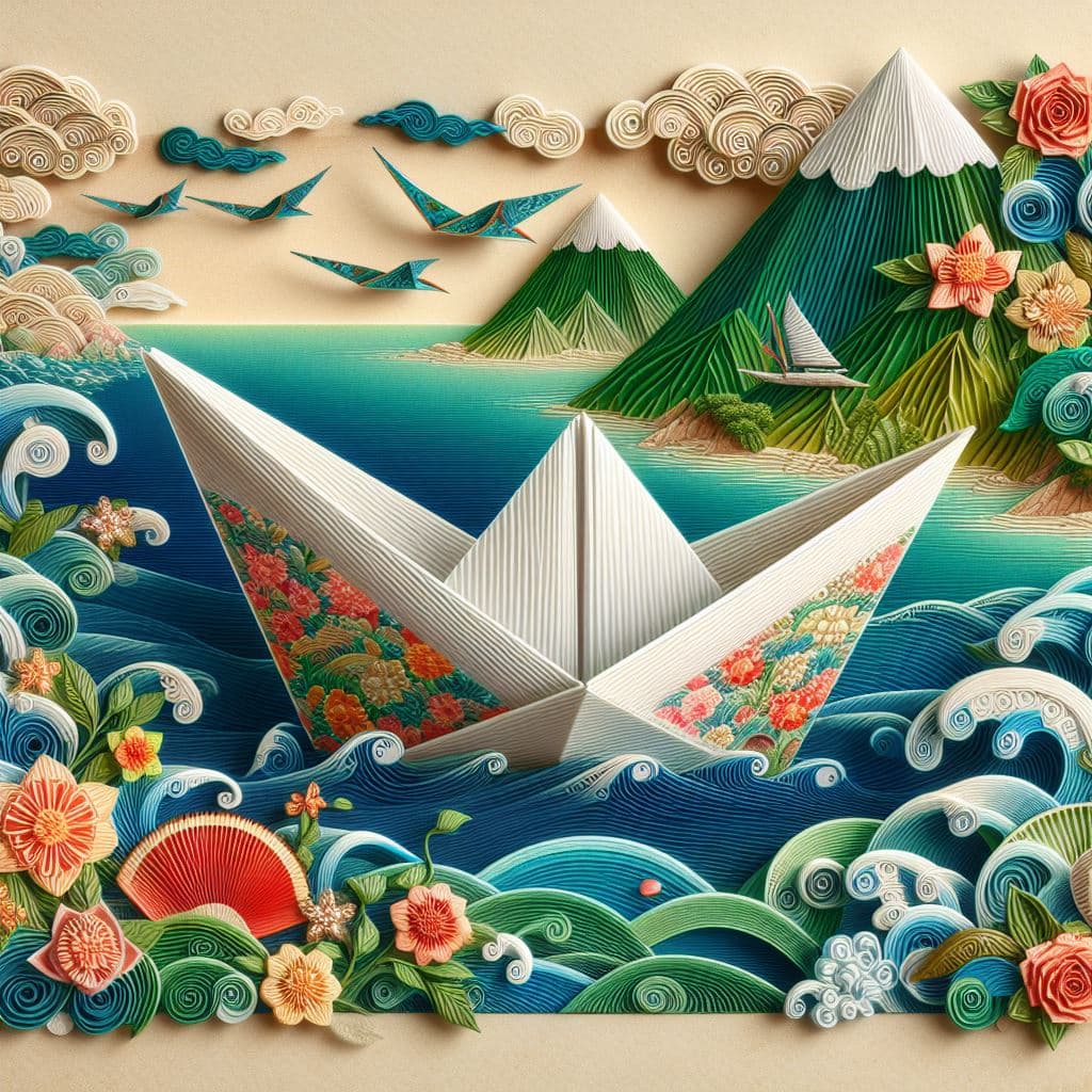 AI generated: 3D paperboat as Origami, paper quilting, background seascape painted on rice-paper in the style of U...