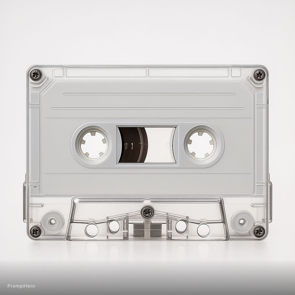 AI generated: create a transparent plastic audio casette in white background, upper view,

