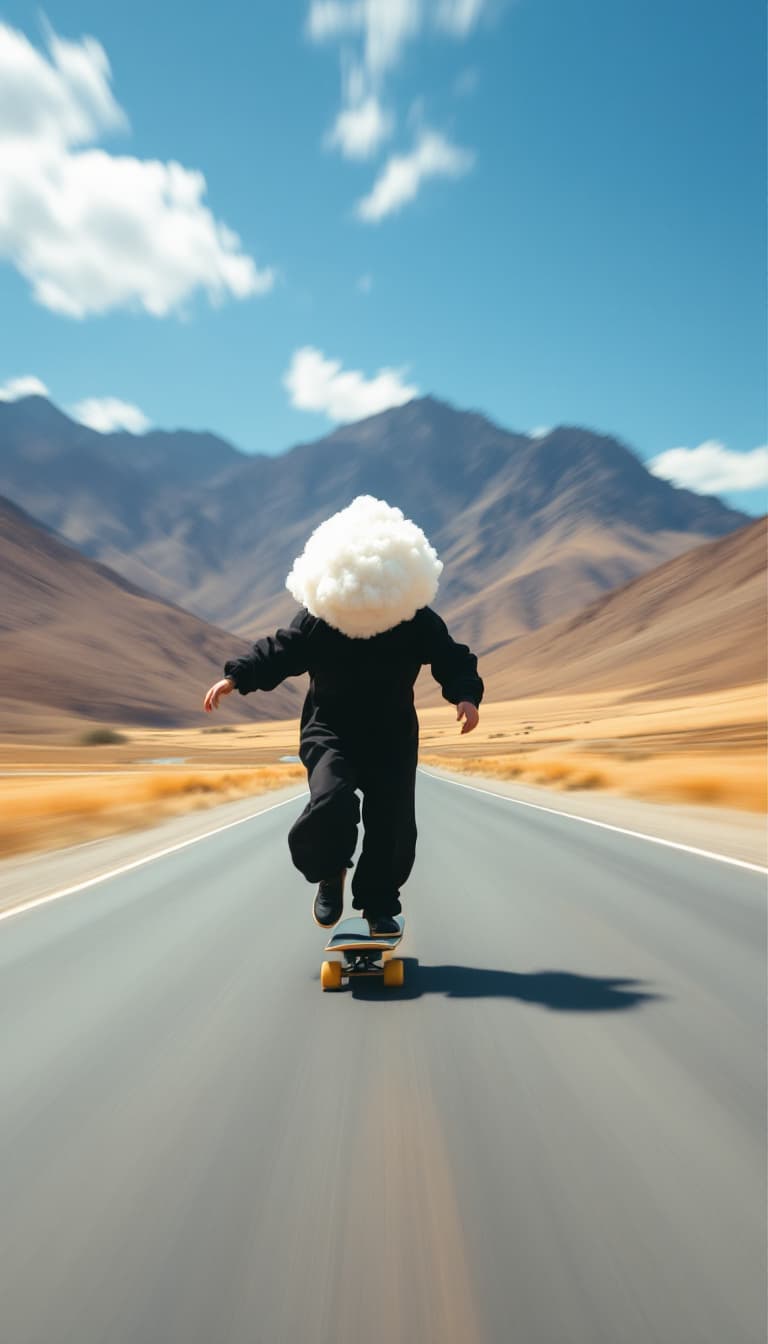 AI generated: This is a high-speed photograph capturing a skateboarder in motion on a deserted road. The image, li...