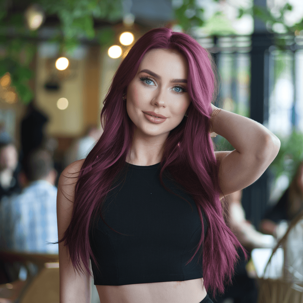 AI generated: The image features a young woman with long, flowing  hair styled in loose waves. She is wearing a fi...