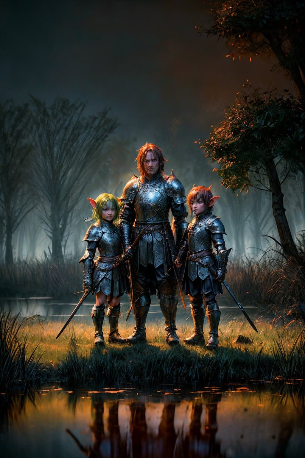 AI generated: telephoto splash art of a group of small goblins wearing leather armor, holding rusty swords, hiding...