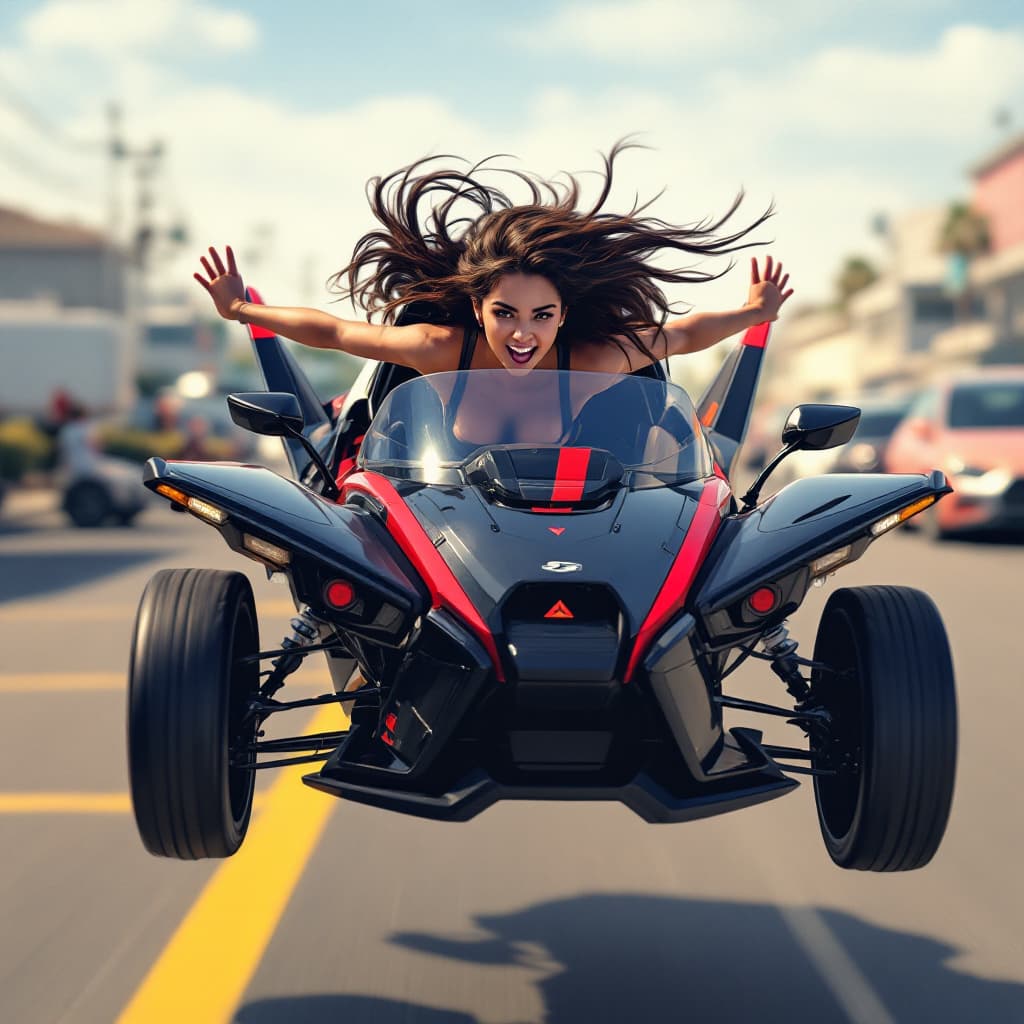 AI generated: YOUNG LATINA WITH LONG BROWN HAIR, FLYING IN A BLACK AND RED THREE-WHEELED SLINGSHOT. THE SLINGSHOT ...