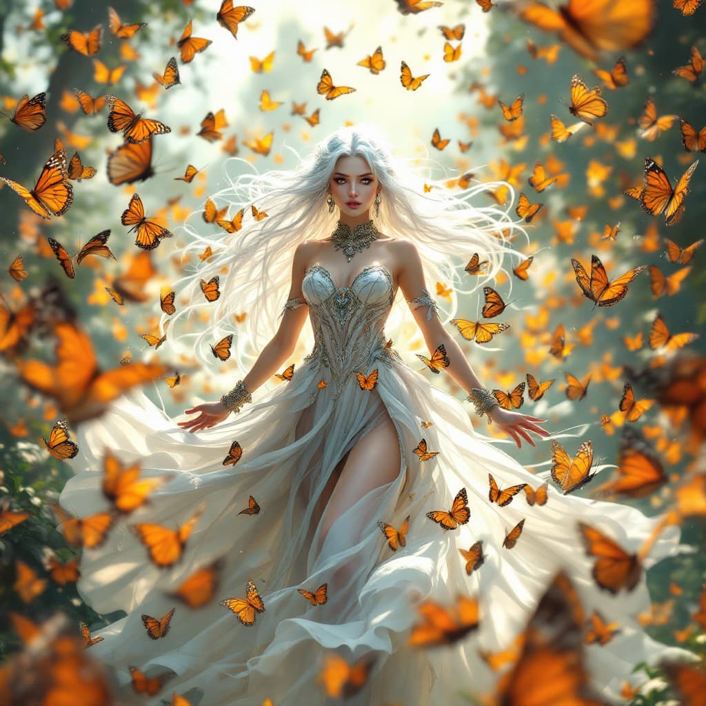 AI generated: the goddess of monarch butterflies, digital illustration, octane render, fantasy poster, full body v...