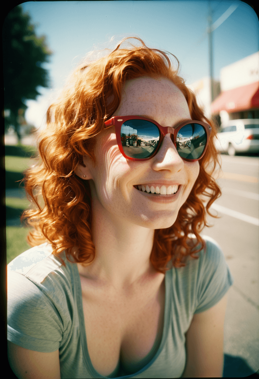AI generated: analog color film photograph of a ginger hair woman smiling and enjoying the beautiful sunny day, ti...