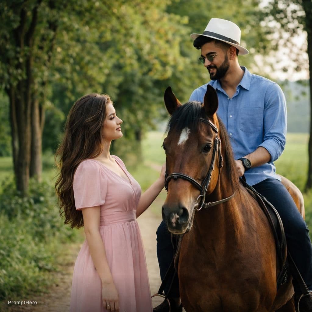 AI generated: In the serene setting of a tree-lined path, a young woman in a pink dress and a man on a brown horse...