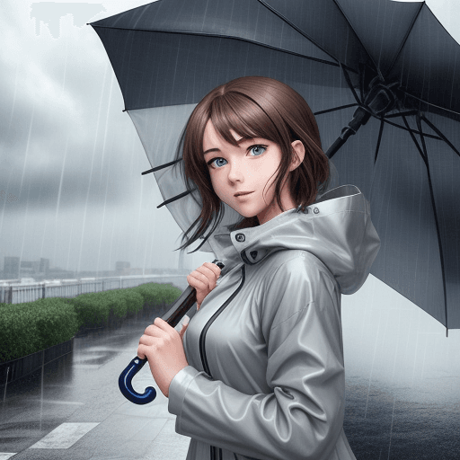 AI generated: An anime girl holding an umbrella in a storm, gray raincoat, (rain, wind, clouds), happy, hands out,...