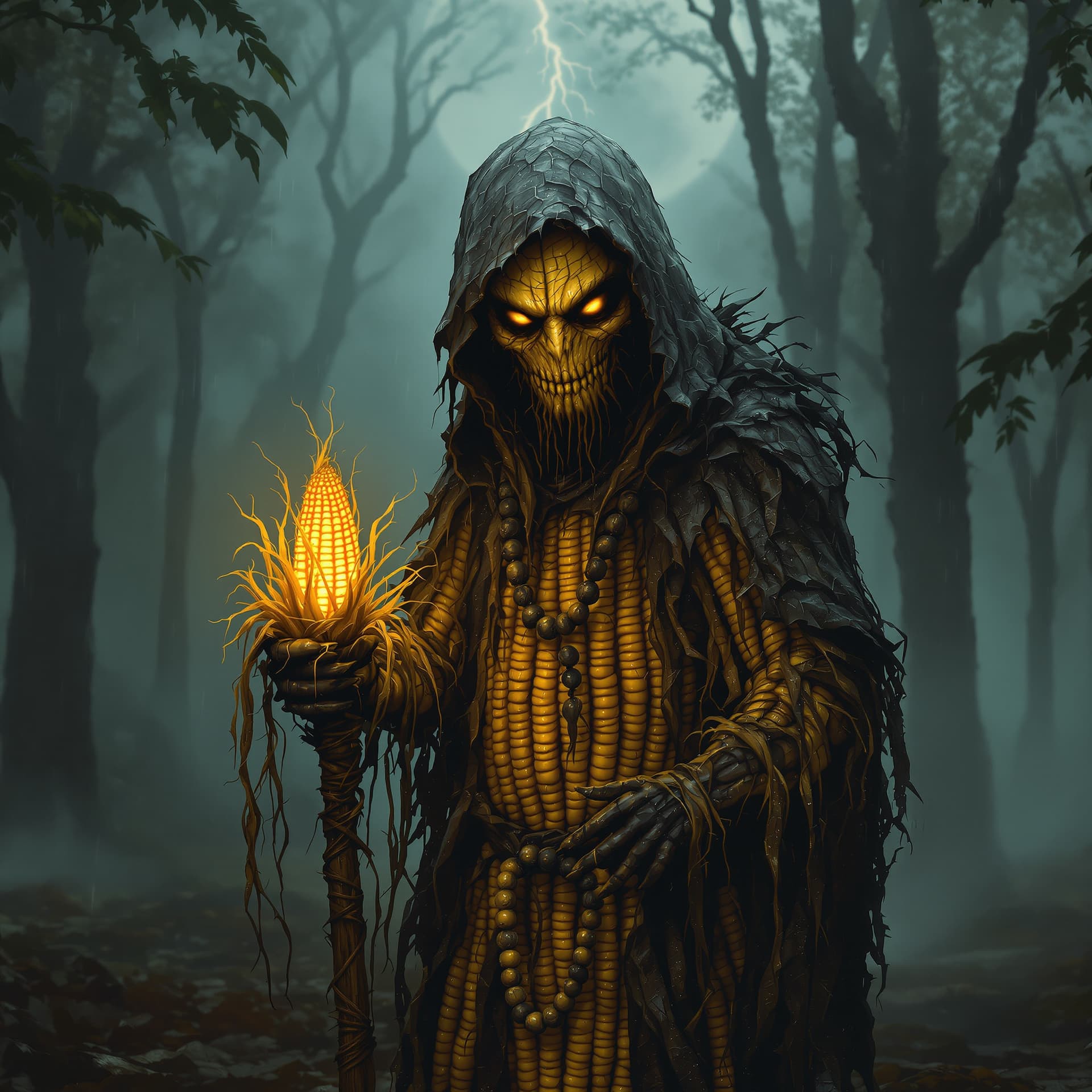 AI generated: "A small humanoid corn priest standing in a foggy medieval forest under the pale moonlight. His body...