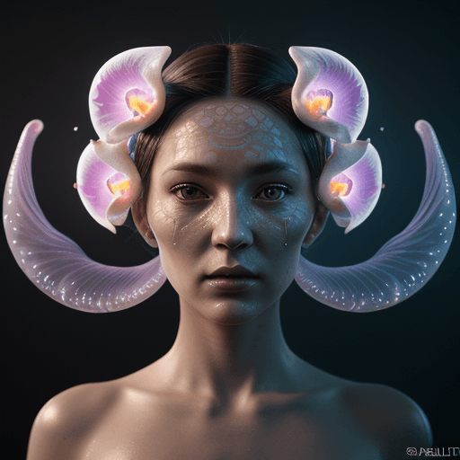 AI generated: Goddess close-up portrait ribcagel. jellyfish phoenix head, nautilus, orchid, skull, betta fish, bio...