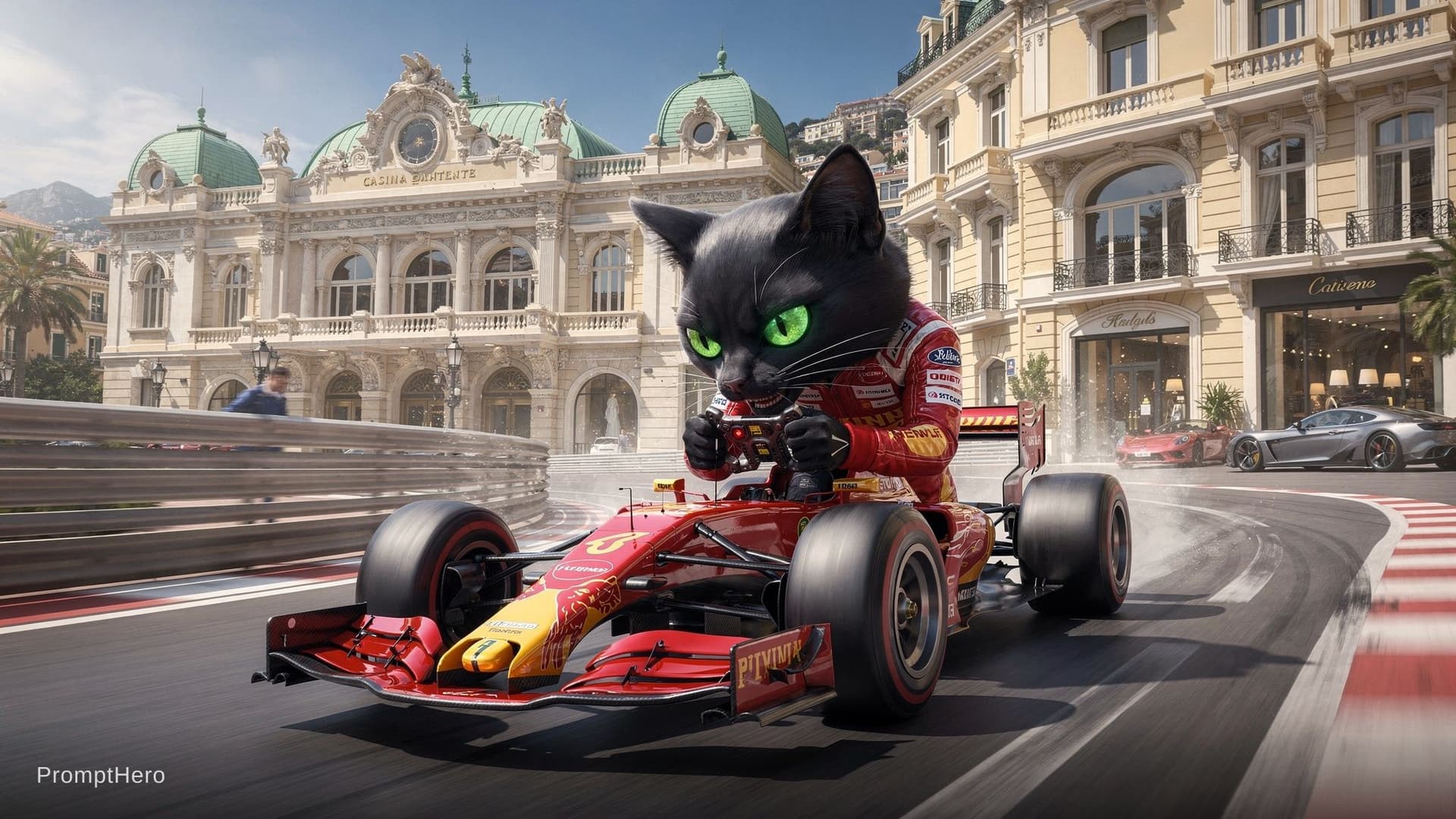 AI generated: A menacing feline racer with piercing emerald eyes and sleek midnight fur, dressed in a glossy crims...