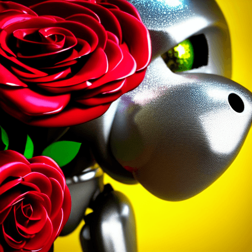 AI generated: beautiful metallic robot dog holding bright coloured roses in hand close-up, cyberpunk, intricate ar...