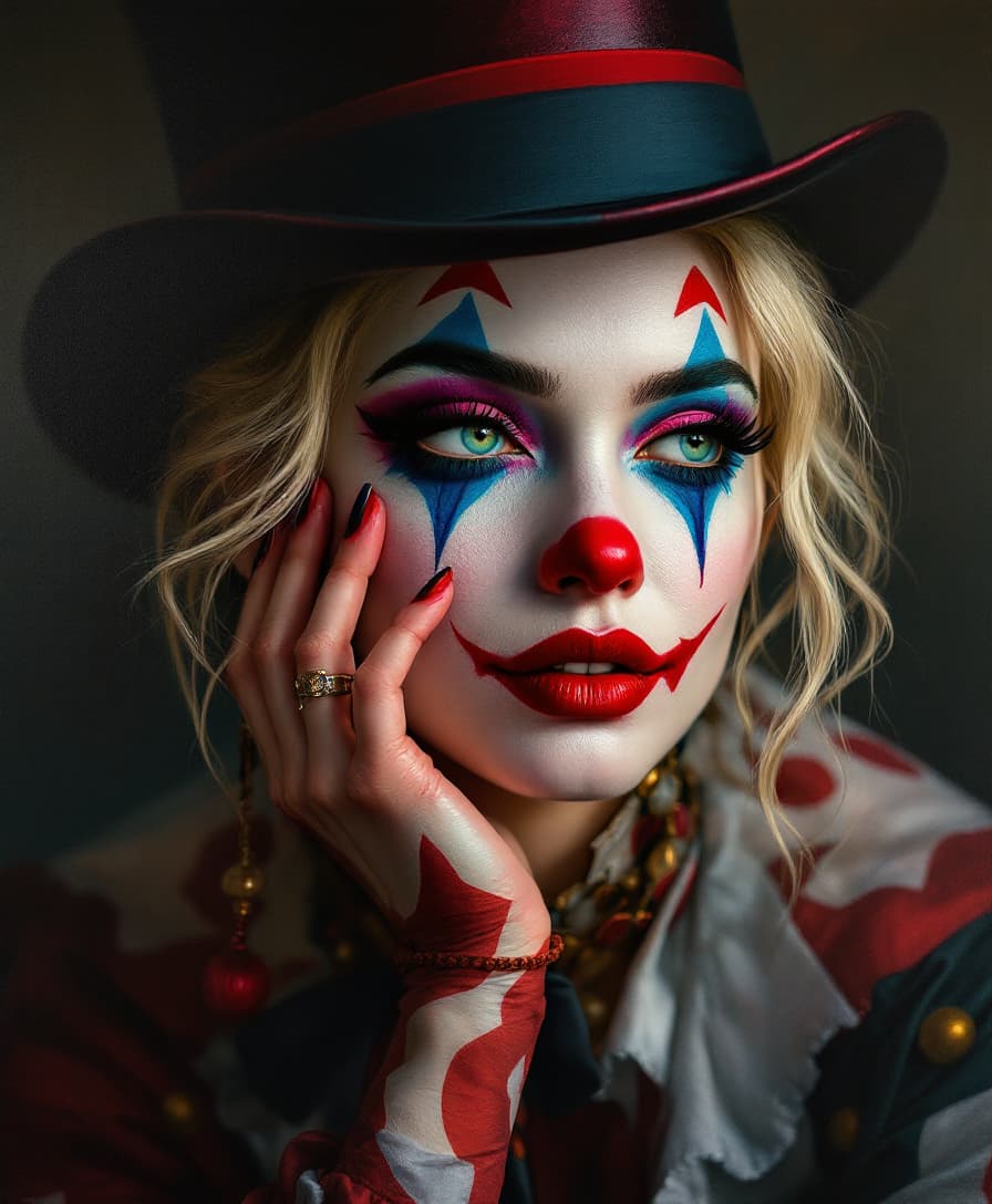 AI generated: 

A realism painting of an elegant clown, Reminiscent of Margot Robbie as Harley Quinn. The clown is...