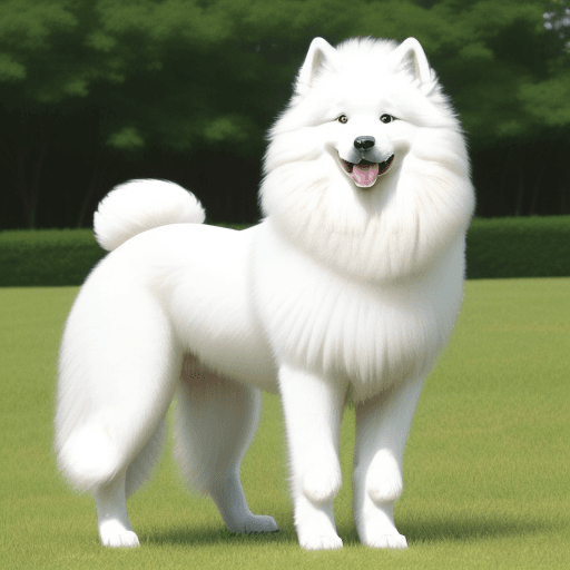 AI generated: samoyed dog facing me standing only on his 2 back legs 