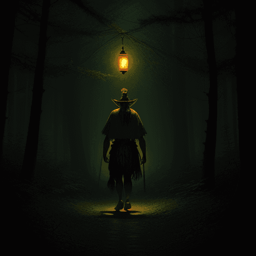 AI generated: a shaman walking in a dark forest with a lantern 