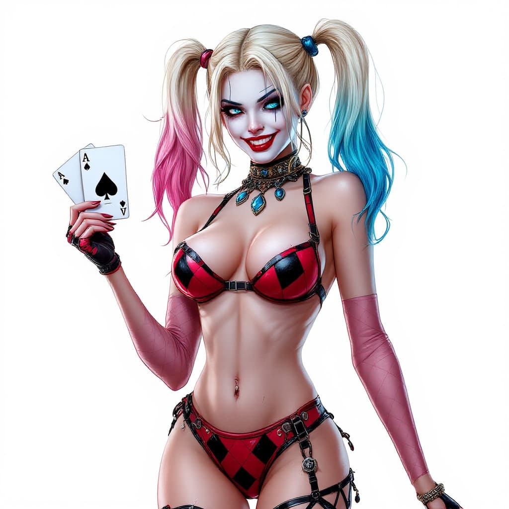 AI generated: Harley Quinn full body long shot,  with crystal blue eyes, pretty face,  sexy pose in  her  original...