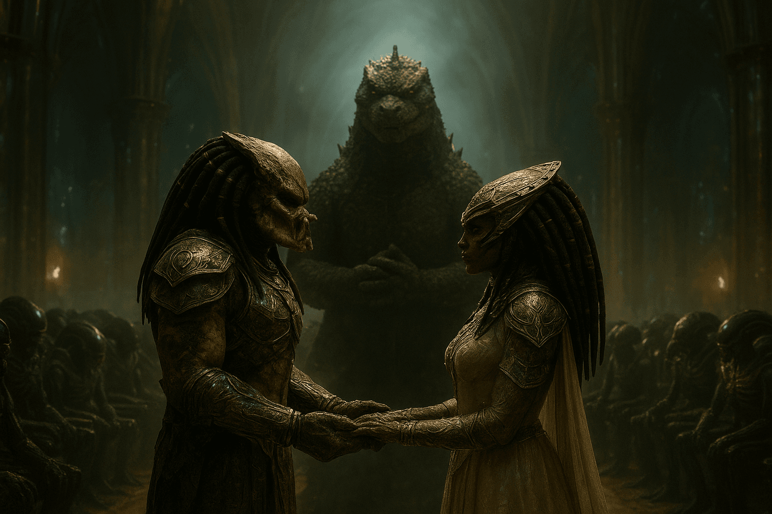 AI generated: Two Yautja predators — a male and a female — stand together at a wedding altar inside a massive alie...