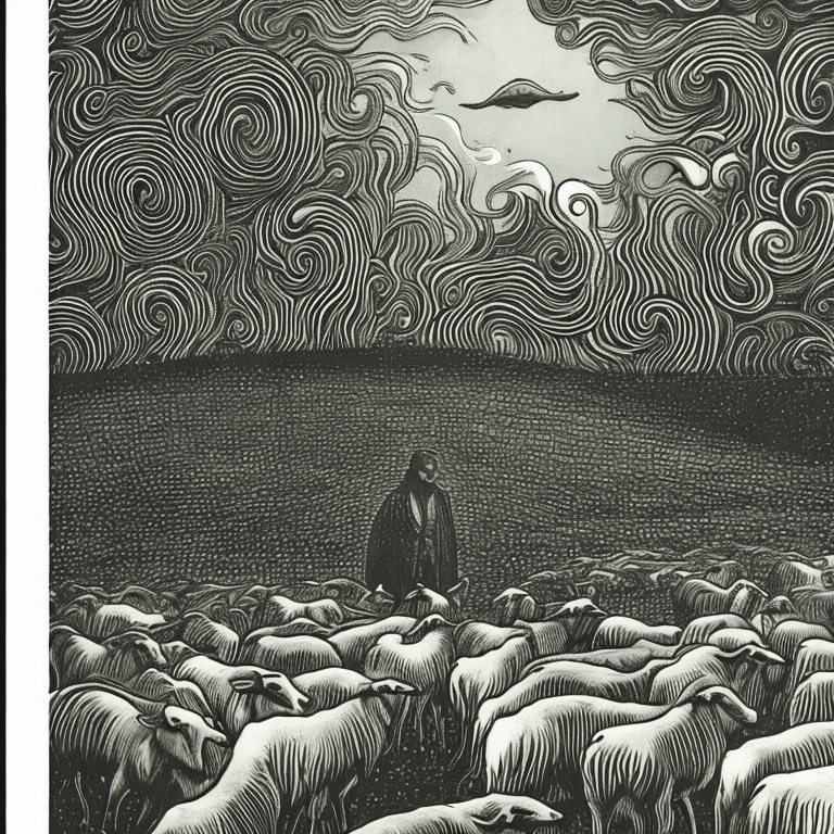 AI generated: Lovecraftian shepherd standing in a field surrounded by a flock of giant lovecraftian goats. HP Love...