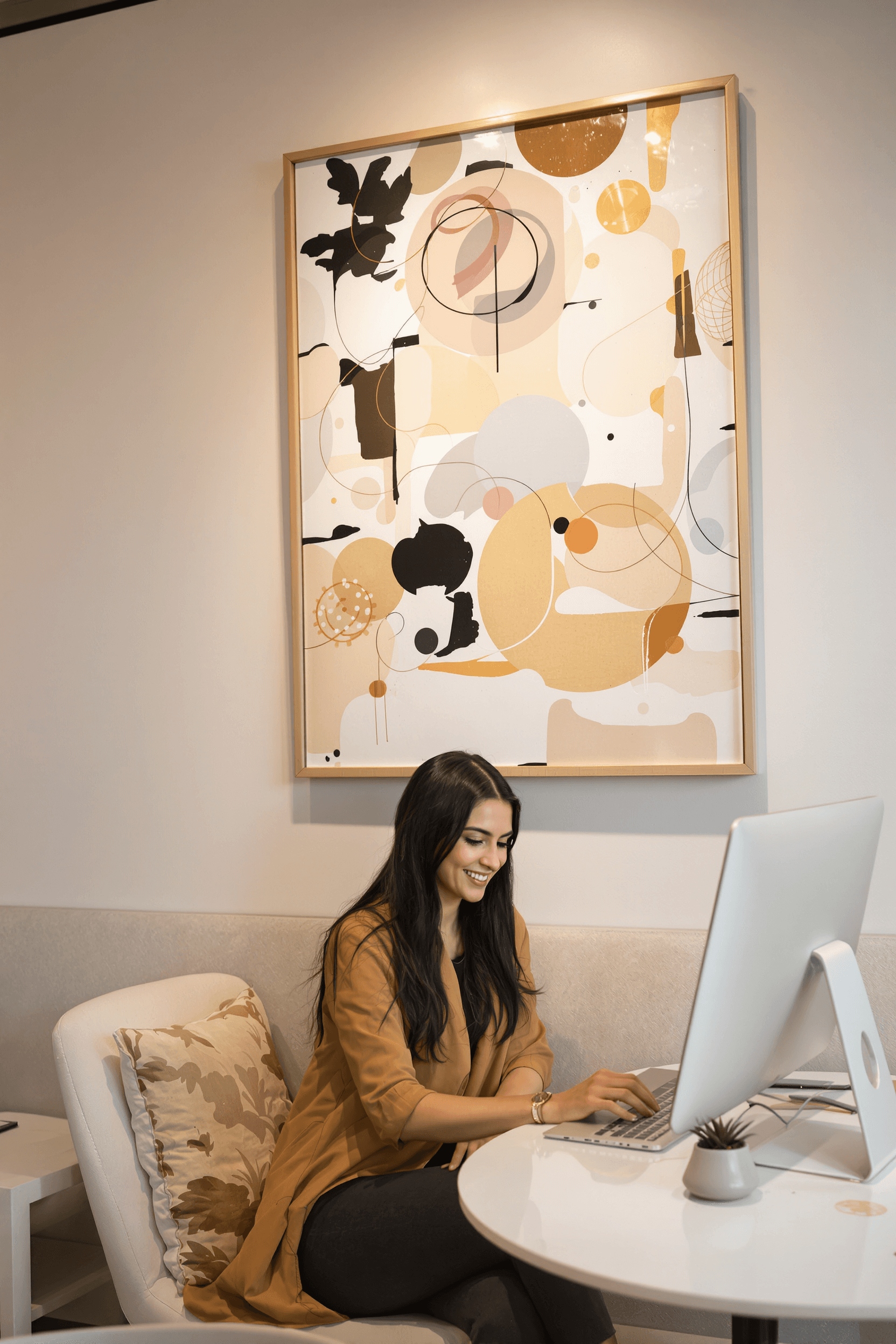 AI generated: 
An incredibly cinematic image of a beautiful, smiling woman with long black hair sitting in a chic,...
