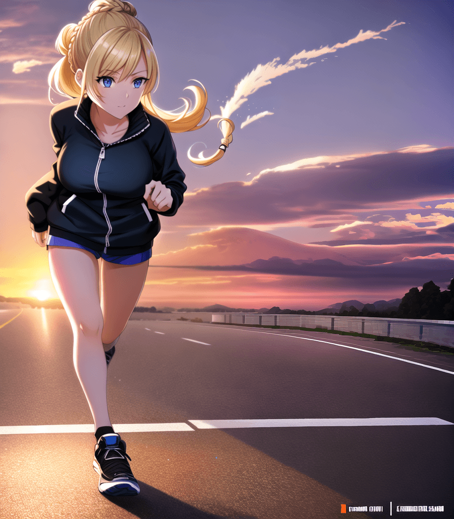 AI generated: ((perfect anime illustration)), 1girl, blonde hair, braided buns, outdoors, 5k, mile, outdoors, huge...