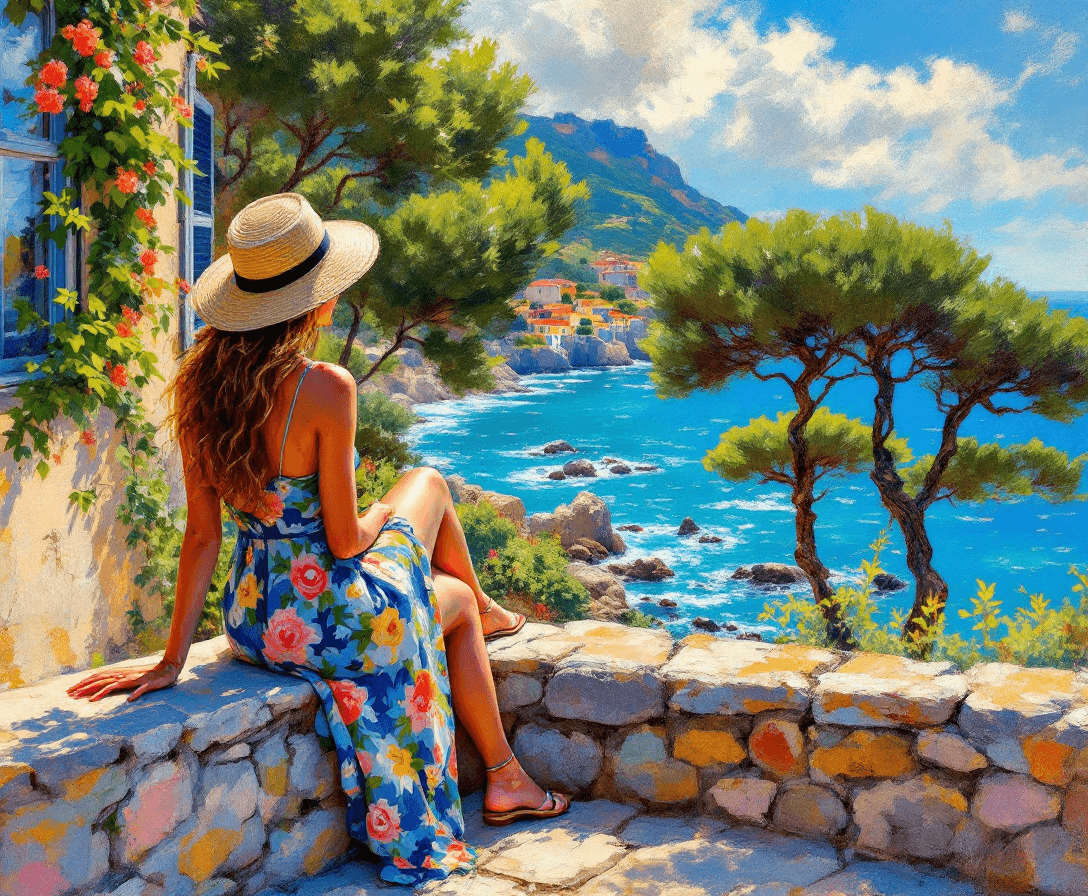AI generated: Impressionist painting of a woman in a summer dress and straw hat sitting on the stone wall of an ol...