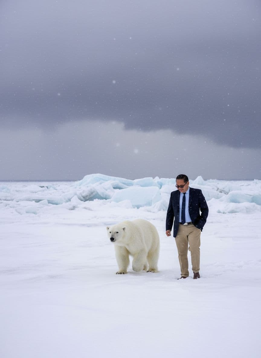 AI generated: A vast, snowy landscape with a polar bear walking alongside a man (image provided). The bear appears...