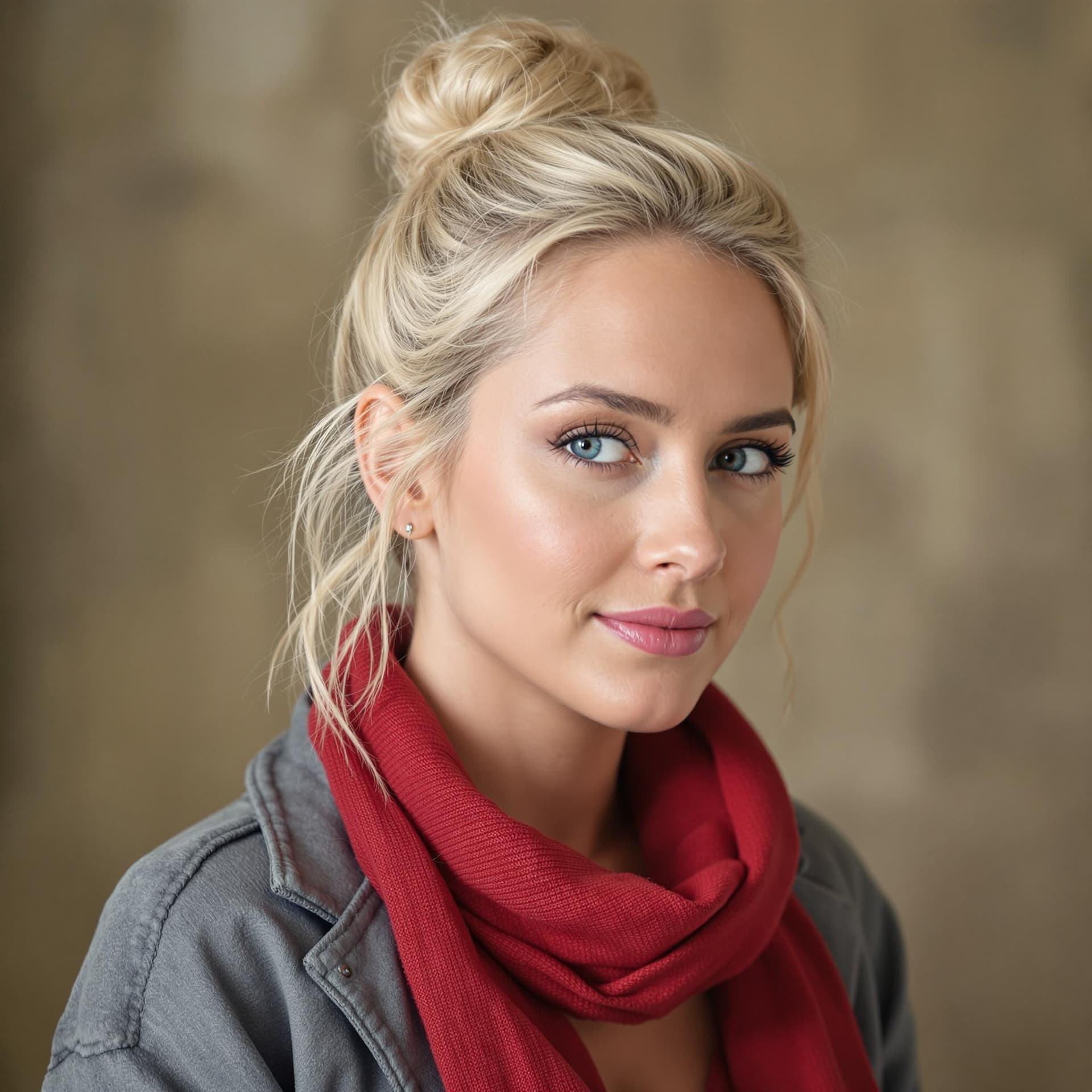 AI generated: A Real photograph of a blond women in her 20s, her hair is short with a small bun.
