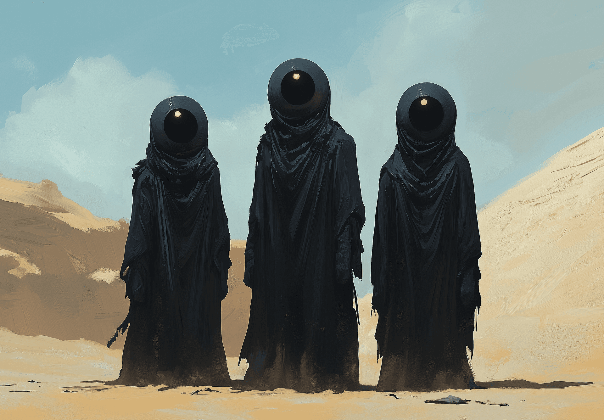 AI generated: Three dark cultists with large, round heads and blank eyes stand in the desert, in the style of Greg...