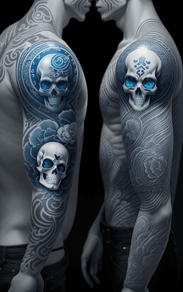 AI generated: two sets of asian tattoo design designs on a blue background, in the style of black and white realis...