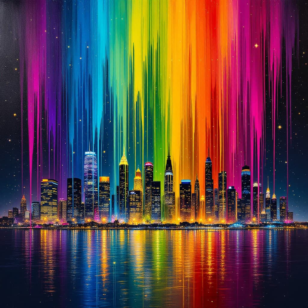 AI generated: A vibrant city skyline at night, illuminated by glowing neon lights reflecting beautifully off the w...