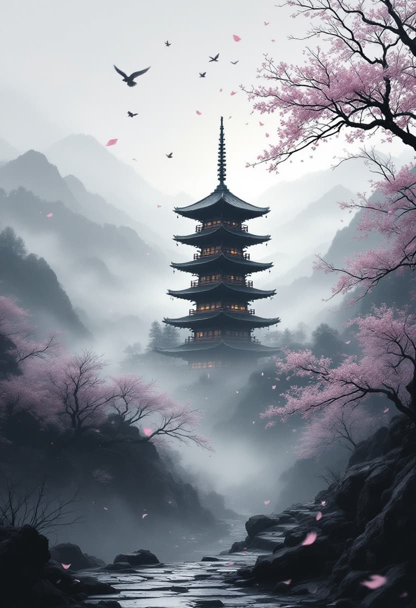 AI generated: raditional Japanese pagoda standing tall in a foggy mountain valley, positioned slightly off-center ...