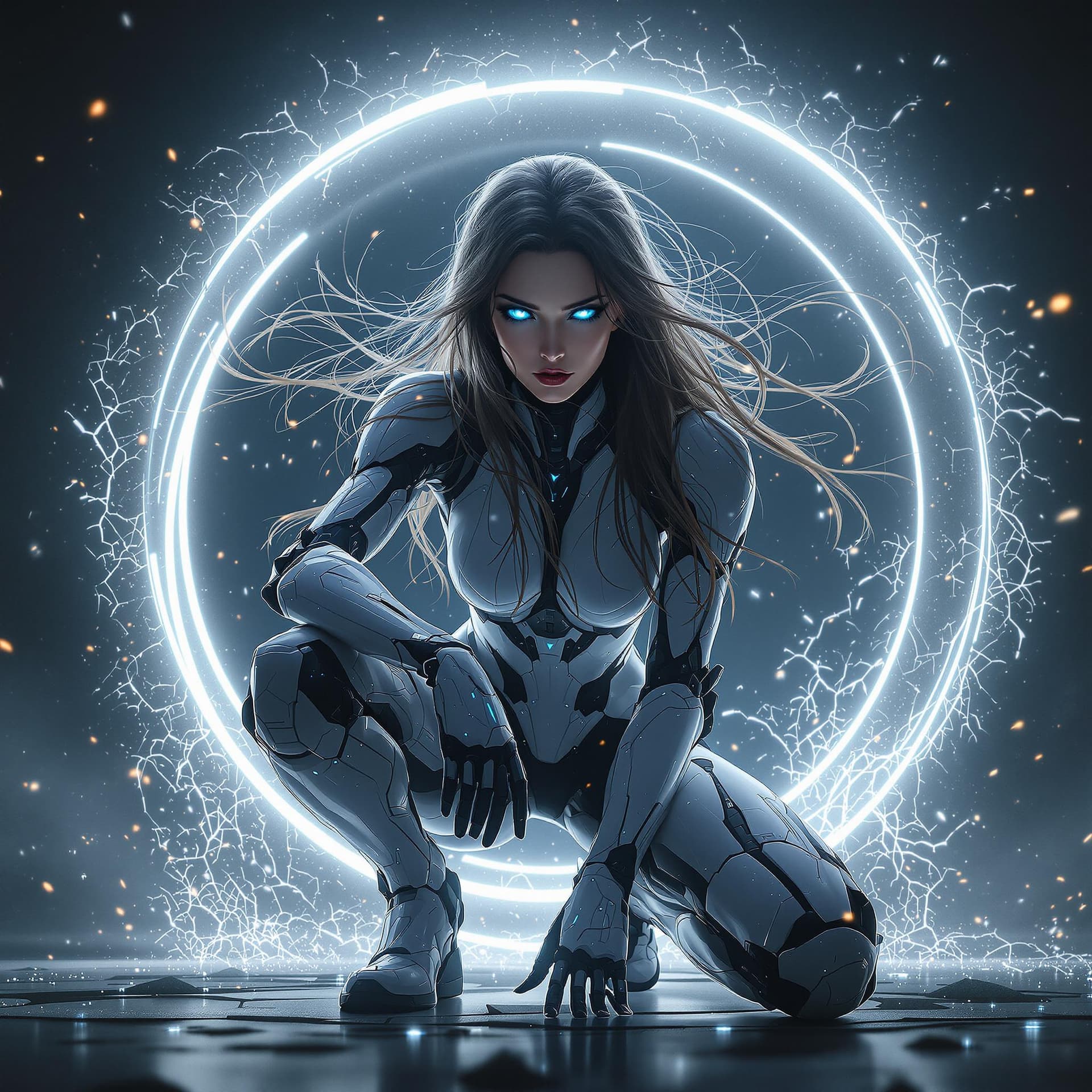 AI generated: In a breathtaking 8K wallpaper, a stunning female android combatant from the future crouches on one ...