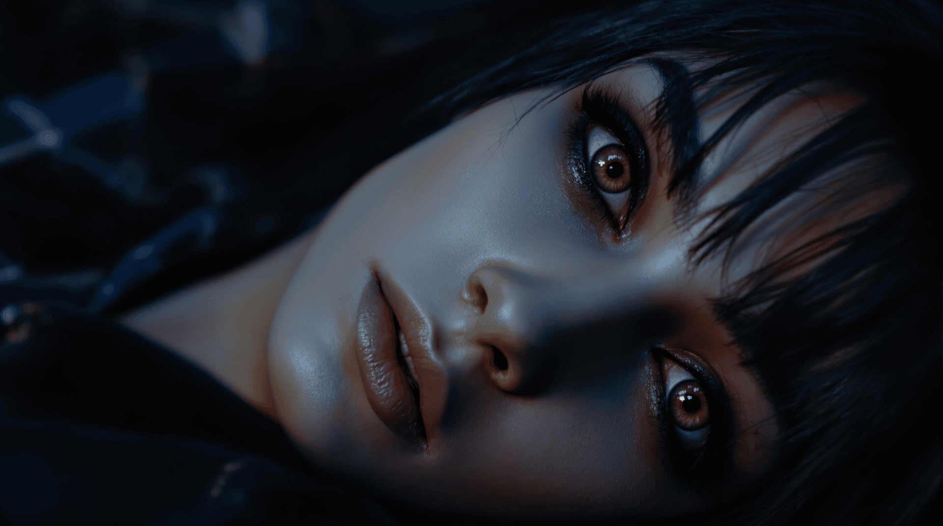 AI generated: Extreme close-up. A woman (Lilith) with long dark hair and bangs lies on a sofa in a dim blue-lit ro...