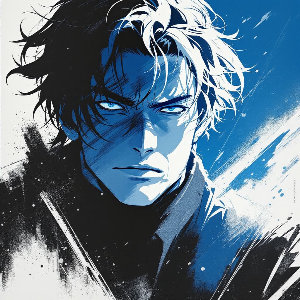 AI generated: movie poster, male character in black, white and blue, in the style of yoh nagao, light-focused --ar...