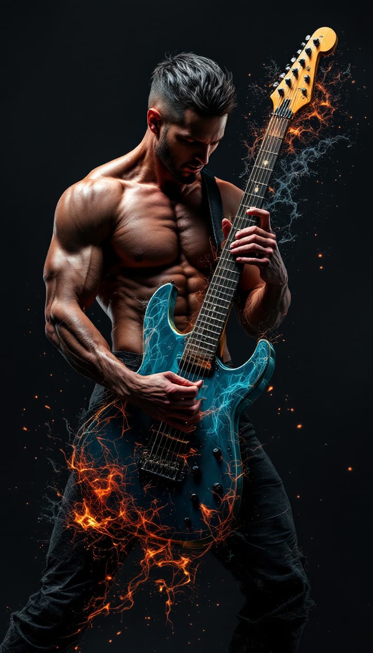 AI generated: An ultra-realistic photograph of a surreal fusion of human and instrument: a male electric guitar, p...