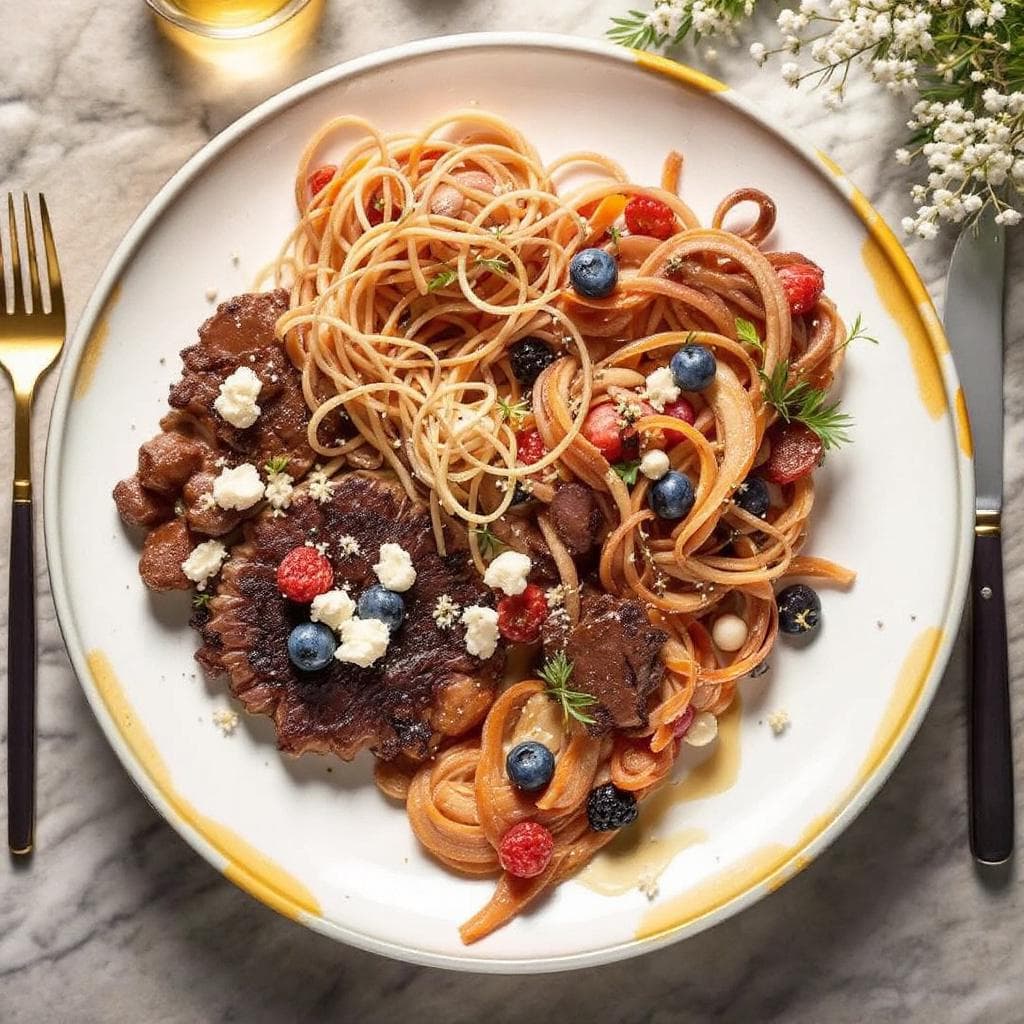 AI generated: Give a visual of these dishes. •	Tri-Species Threadplatter: Interwoven proteins symbolizing unity.
...