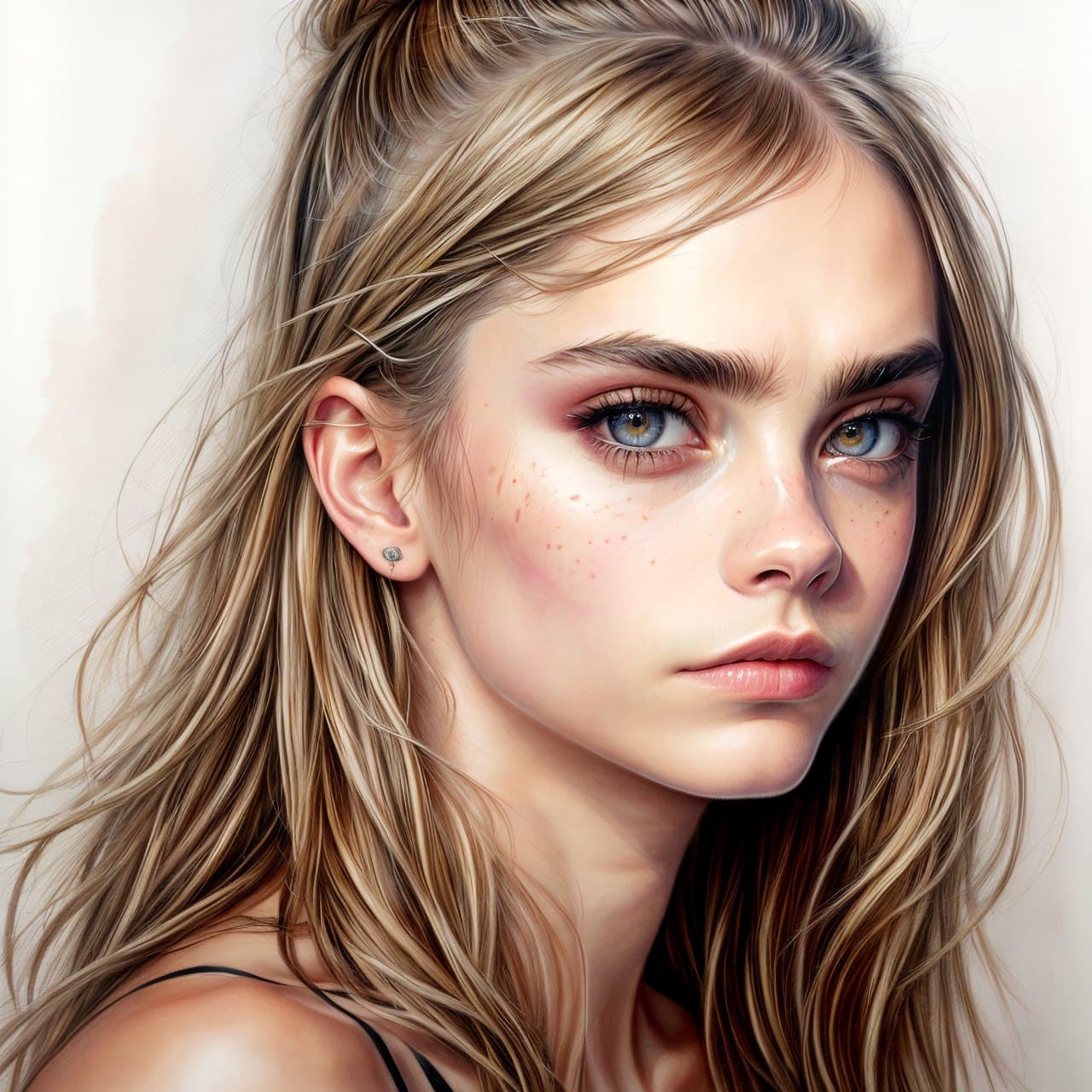 AI generated: epic realistic, full body portrait of Cara Delevingne art watercolor painting, (Masterpiece:1.3), (b...